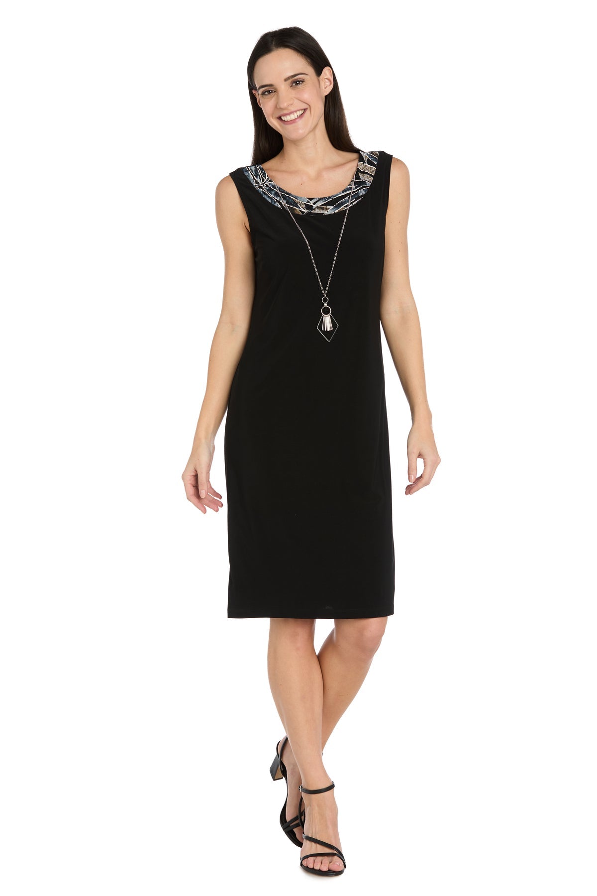 Black R&M Richards 7953PA Round Neck Knee-Length Printed Cocktail Jacket Dress