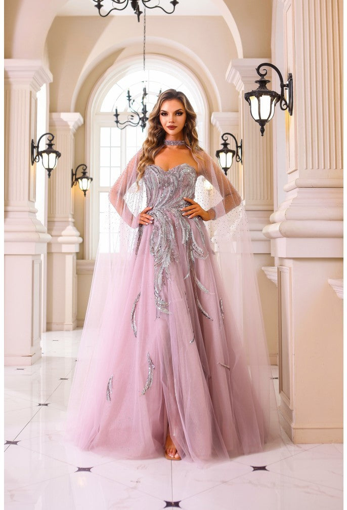 Prom Dresses A Line Long  Ball Gown Formal Beaded Prom Dress Rose Silver