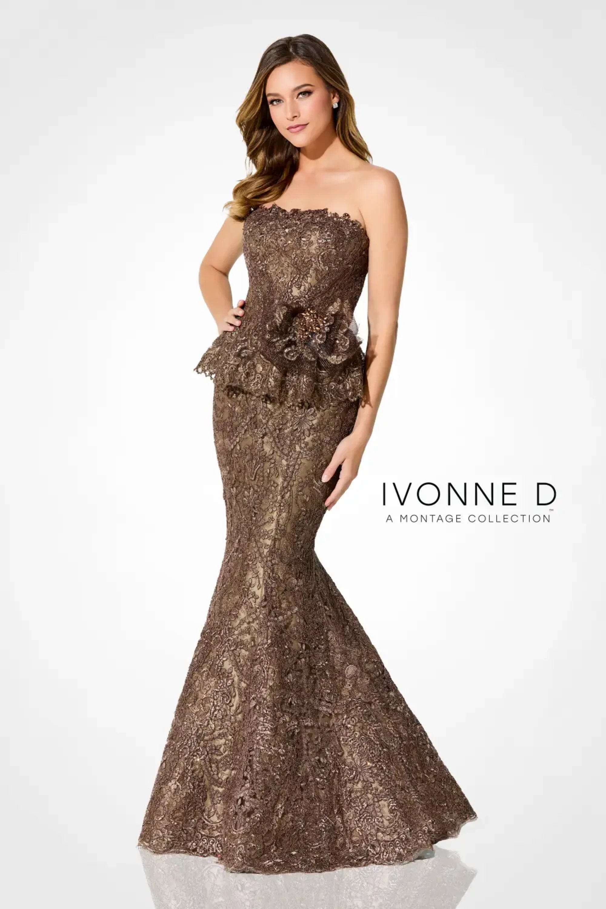 Formal Dresses Metallic Long Mermaid Lace Formal Peplum Dress Bronze