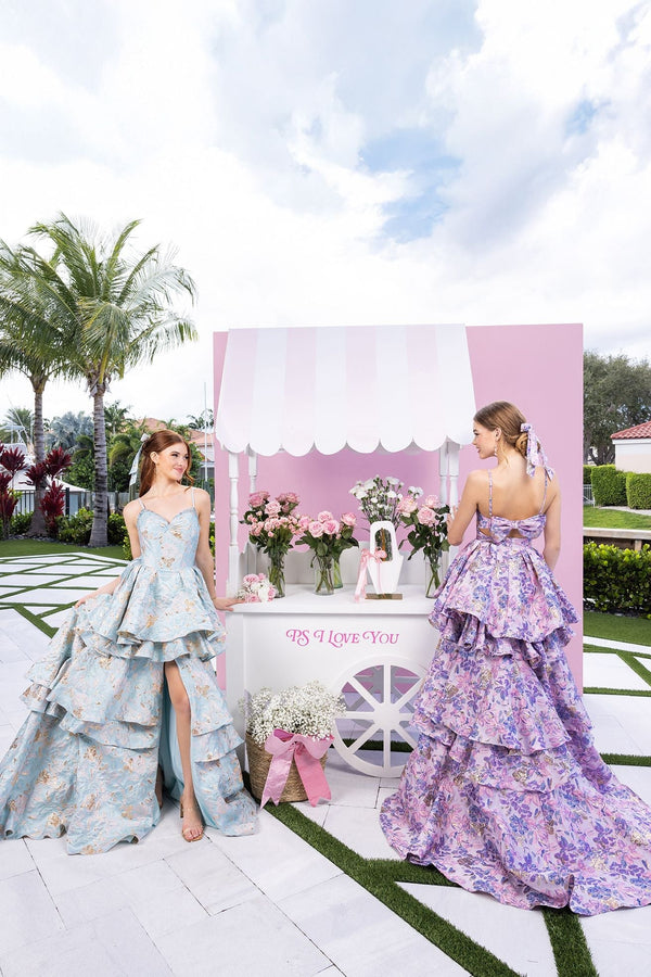 V-Neck Floor-Length Brocade Prom Dress Tiered Ruffles Portia & Scarlett XO181