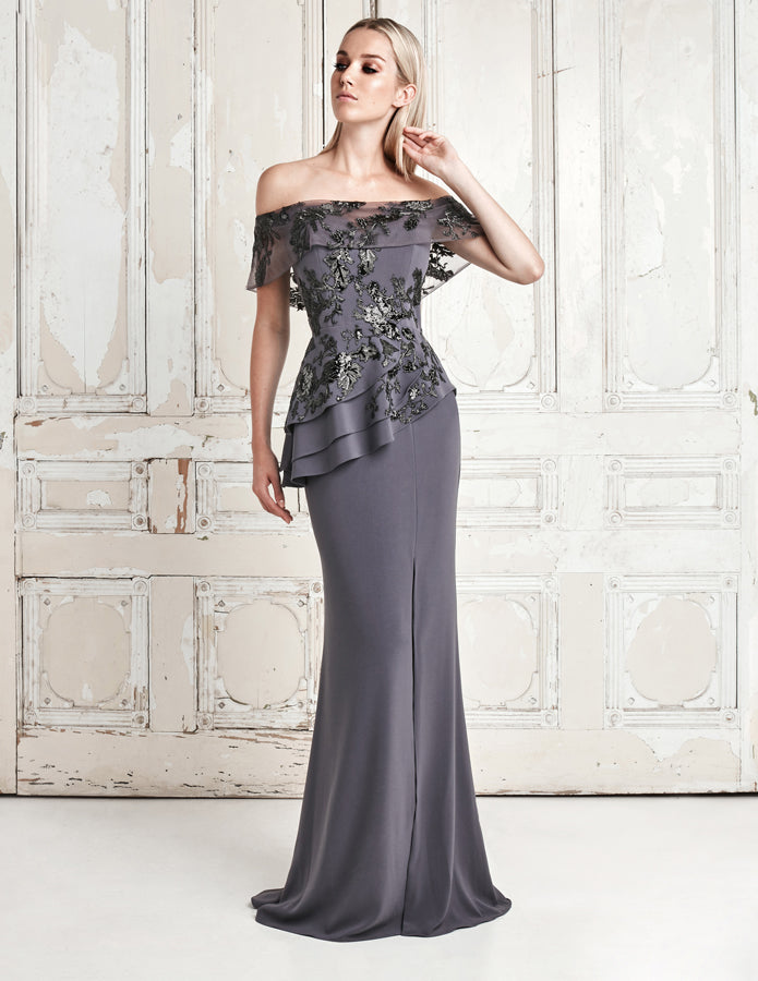 Formal Dresses Long Formal Tiered Peplum Evening Dress Slate