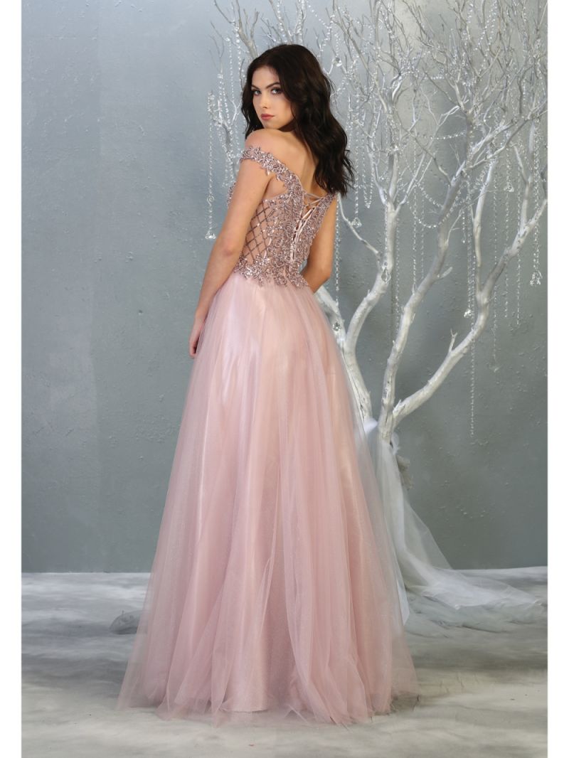 Rose Gold Off-the-Shoulder Floor-Length Tulle Prom Dress May Queen RQ7864
