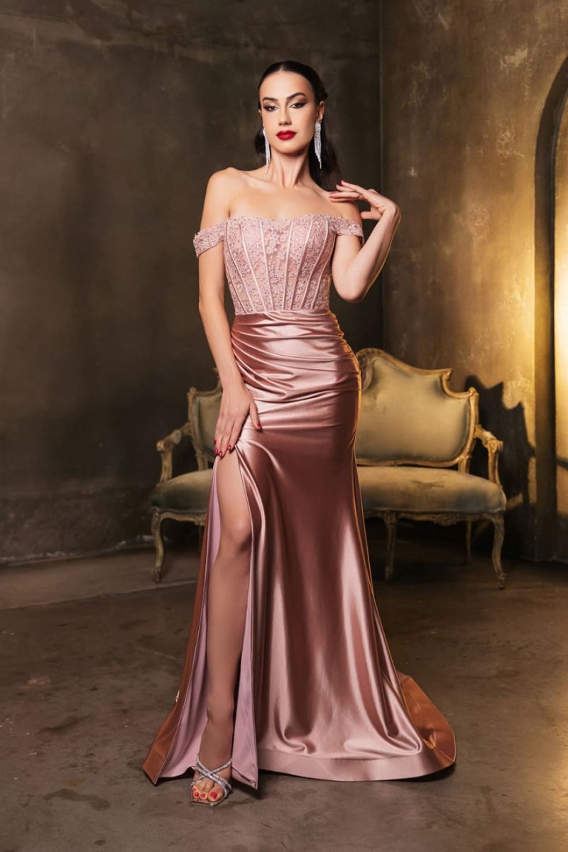 Off-the-Shoulder Floor-Length with Train Satin Prom Sheath Column May Queen 2146