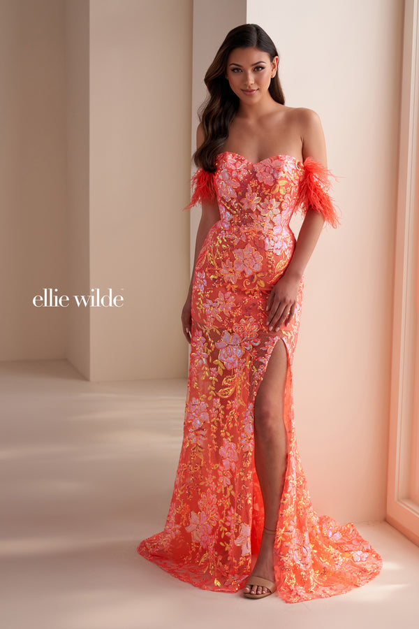 Ellie Wilde EW34034 Fitted Long Formal Feather Prom Dress