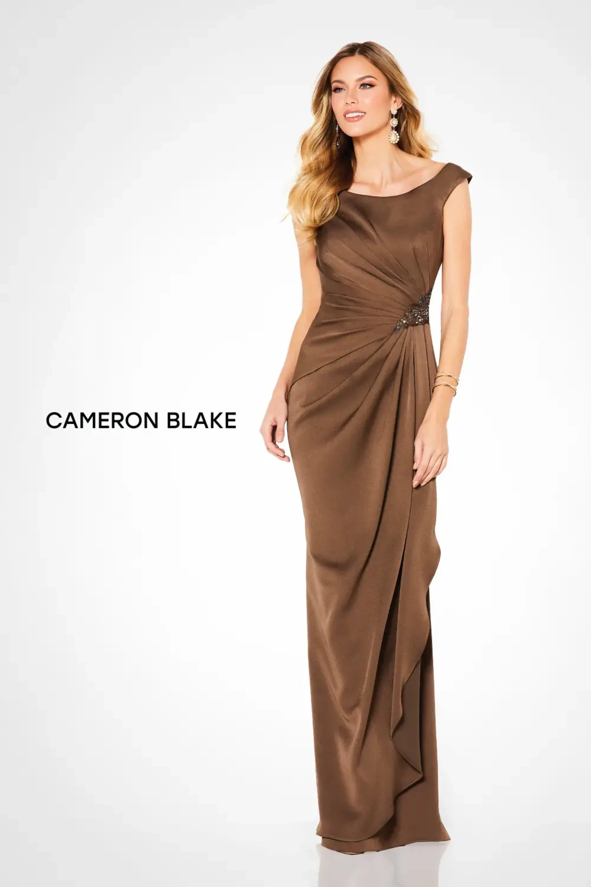 Formal Dresses Pleated Long Formal Beaded Evening Dress Mocha