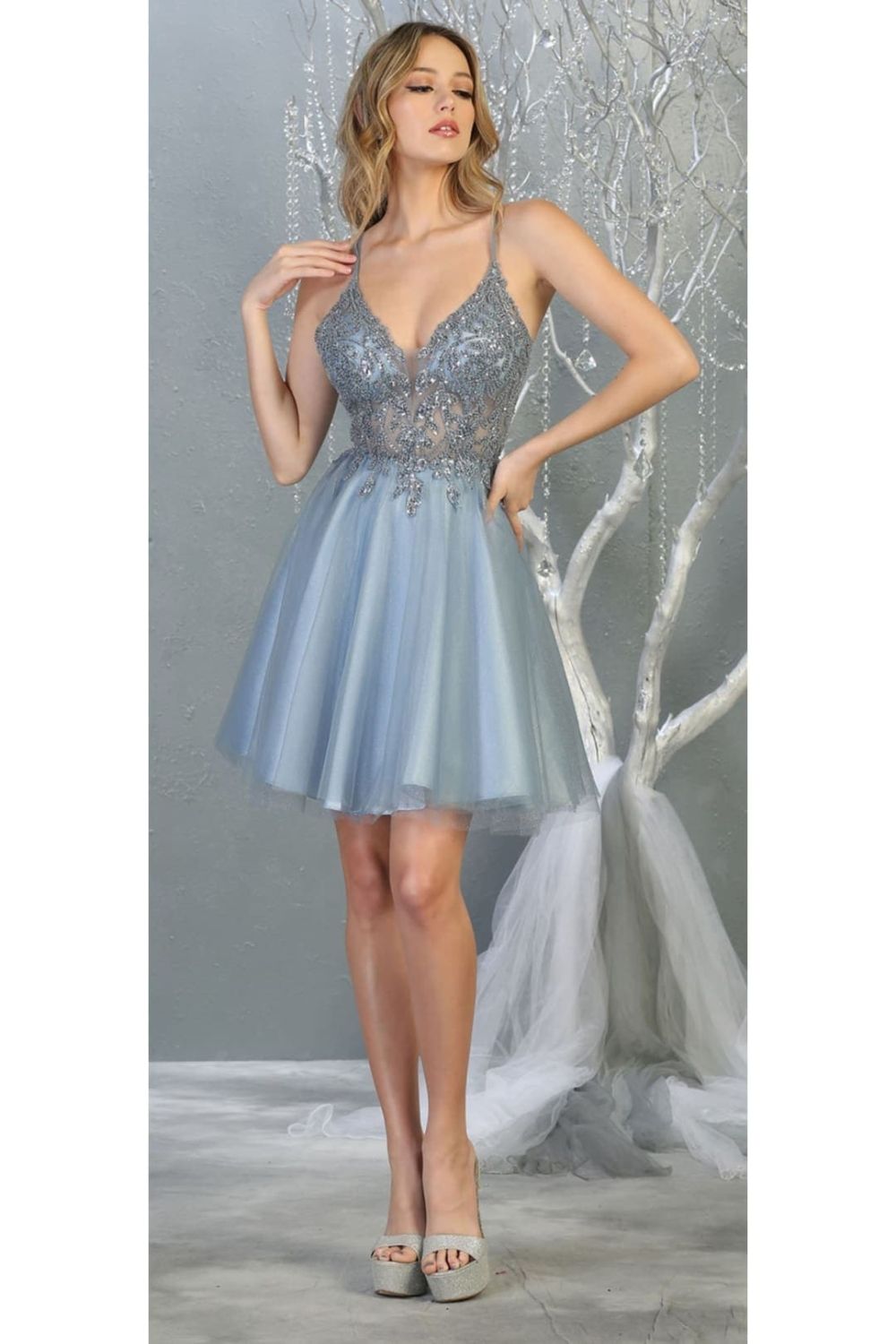 Dusty/Blue V-Neck Short Tulle Homecoming Dress Lace May Queen MQ1813