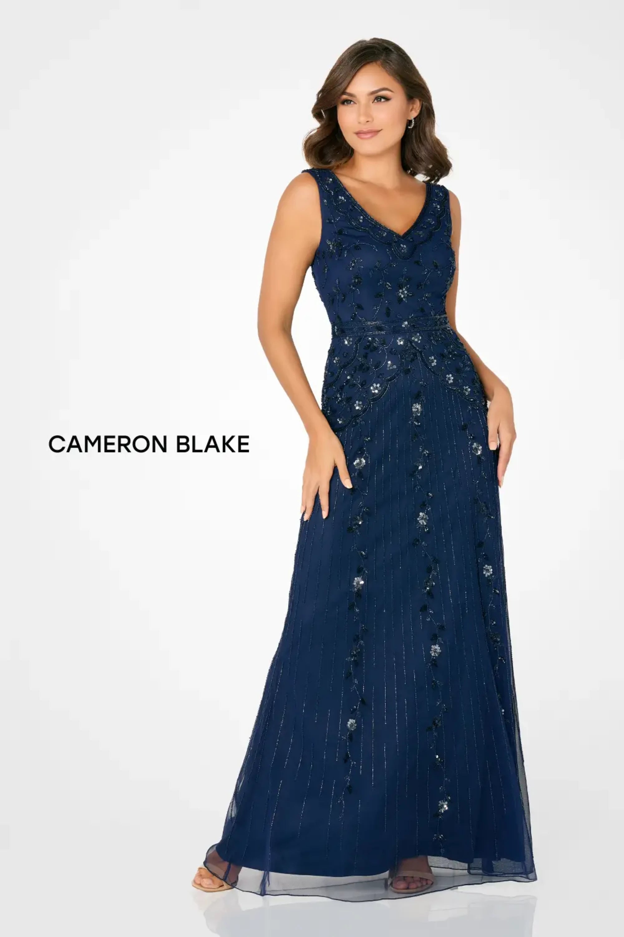 Cameron Blake CB793 Beaded Long Floral Sequin Evening A Line Dress - Navy Blue / M Cameron Blake CB793 Beaded Long Floral Sequin Evening A Line Dress - Navy Blue / M