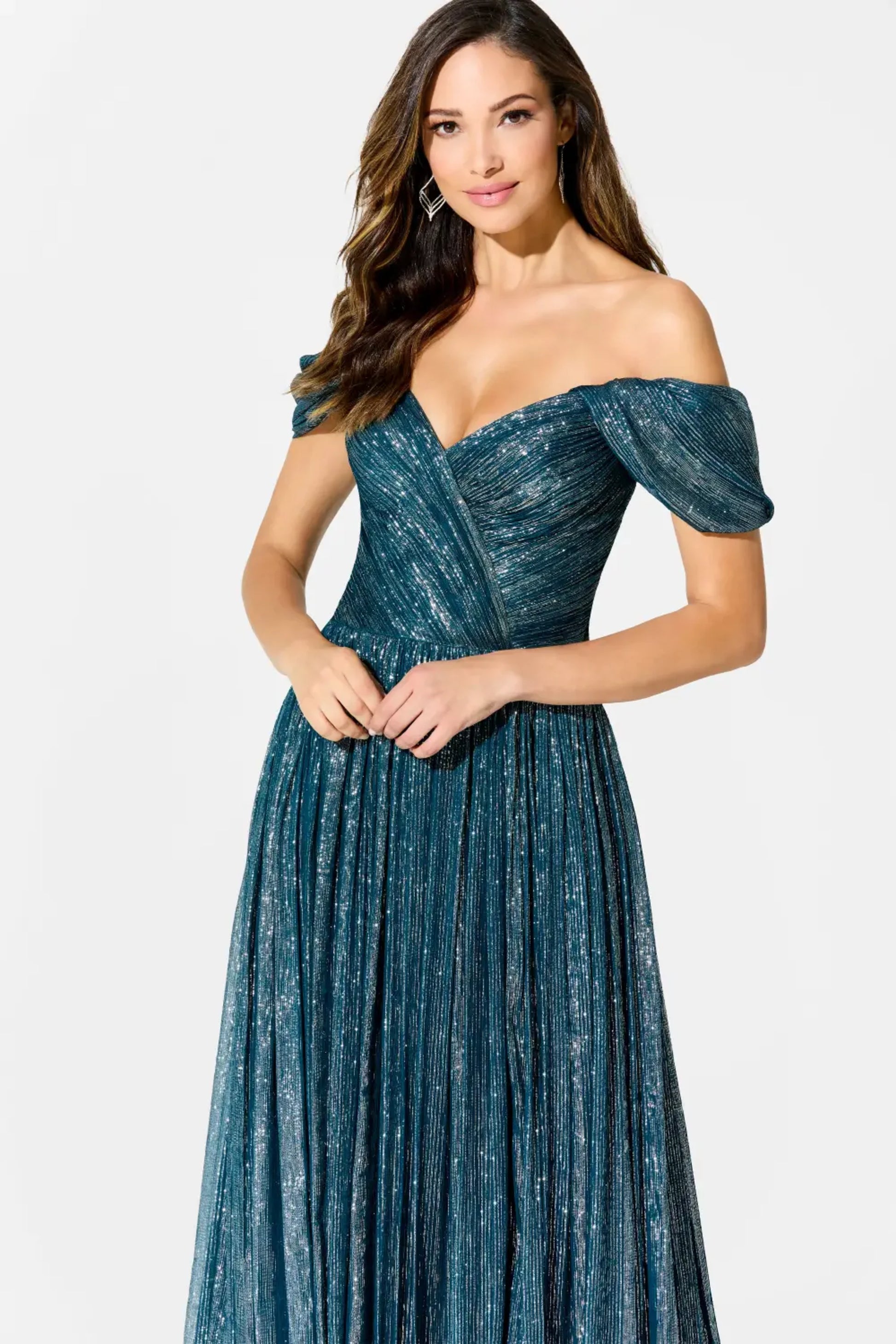 Ivonne D ID918 Glitter Long Formal Pleated Evening Dress