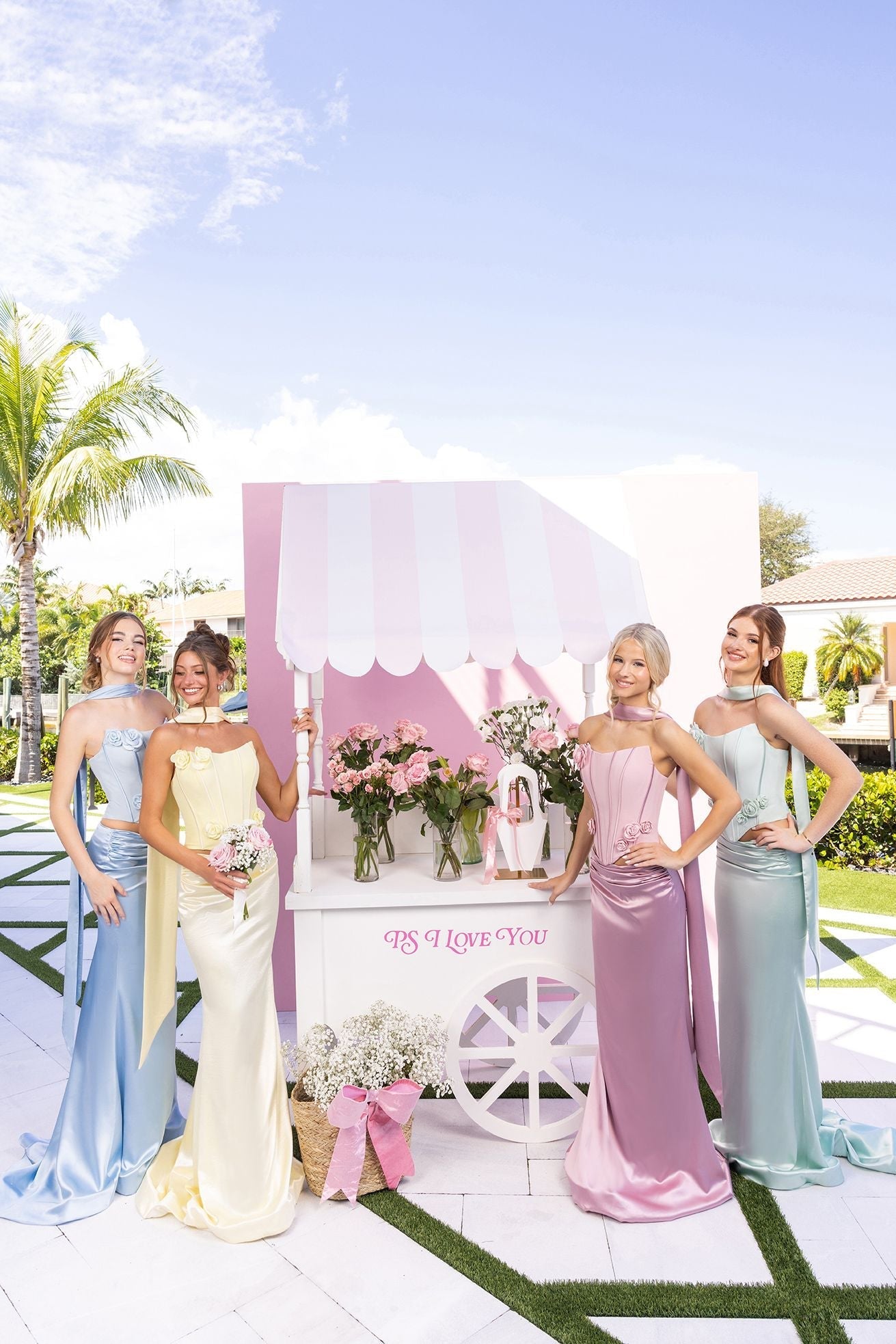 Mint Strapless Floor-Length Satin Prom Dress Floral Corset Bodice Scarf Portia & Scarlett XO186