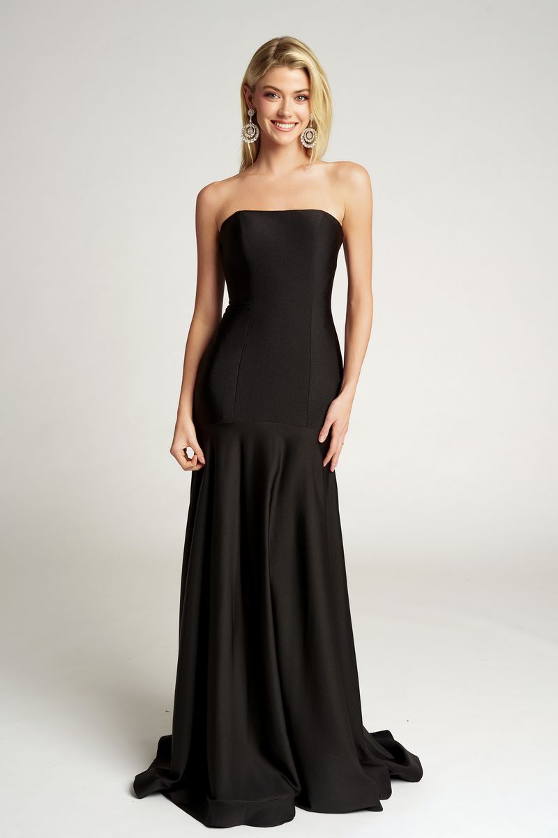 Black Strapless Floor-Length Satin Formal Mermaid Gown Soft Train Portia & Scarlett PS26101