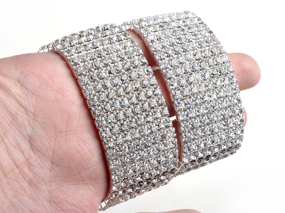 8 Rows Crystal Rhinestone Elastic Bridal Bracelet - The Dress Outlet AM