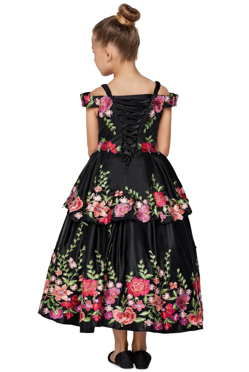 Black Sweetheart Floor Length Satin Flower Girl Dress with Floral Embroidery and Tiered Skirt Cinderella Couture 8006
