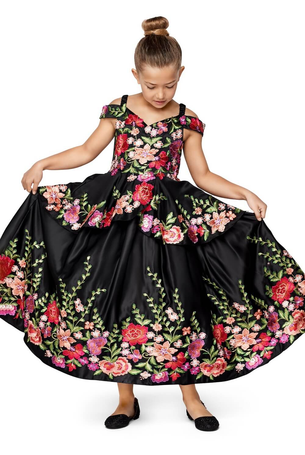 Black Sweetheart Floor Length Satin Flower Girl Dress with Floral Embroidery and Tiered Skirt Cinderella Couture 8006