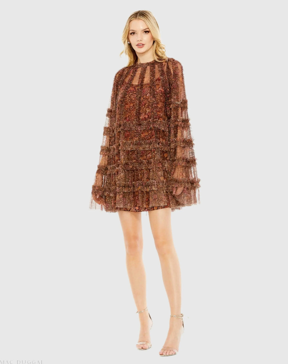 High Neck Short Tulle Cocktail Dress by Mac Duggal 8007A in Brown Multi