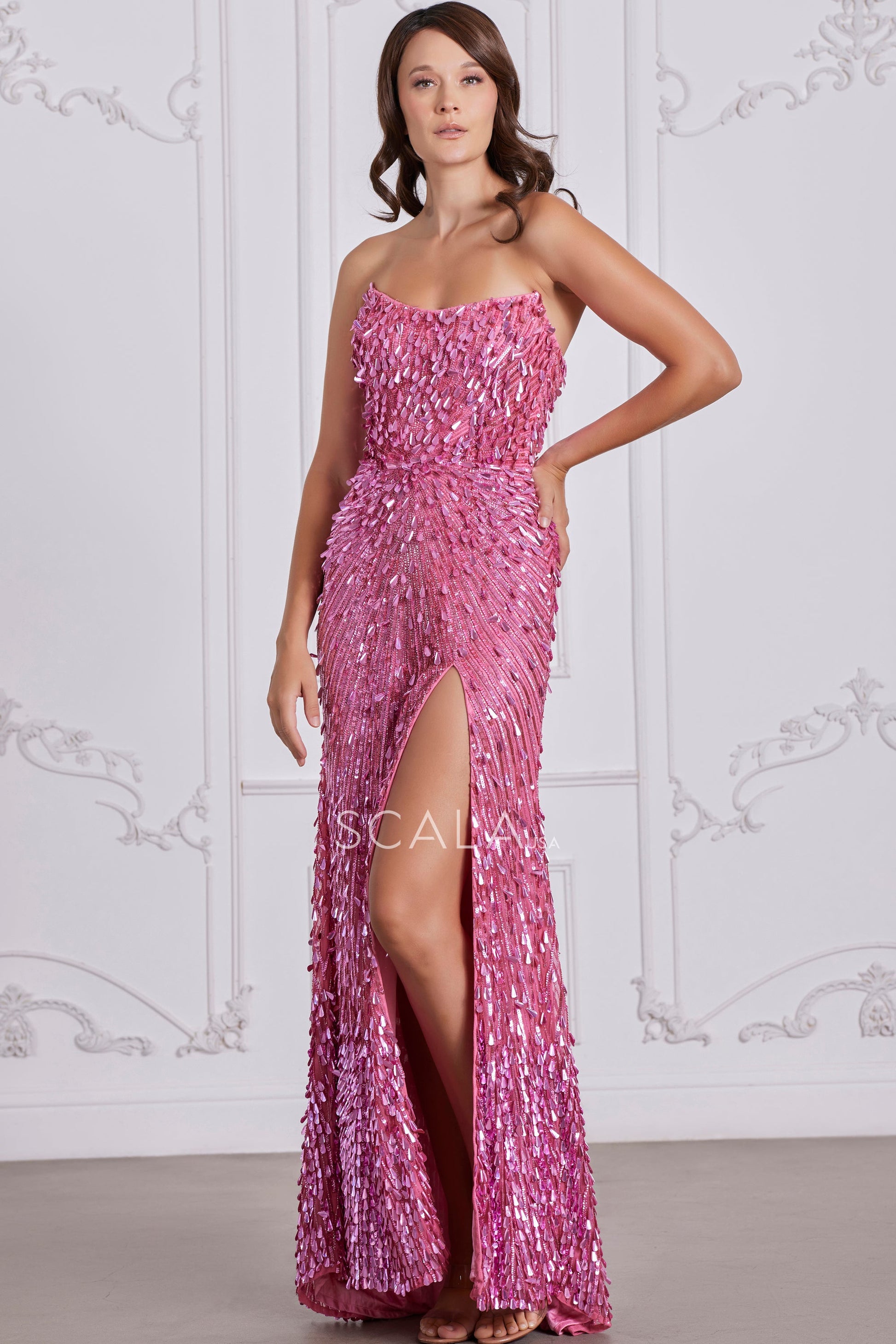 Scala 80131 Long Formal Beaded Slit Sequin Evening Prom Dress