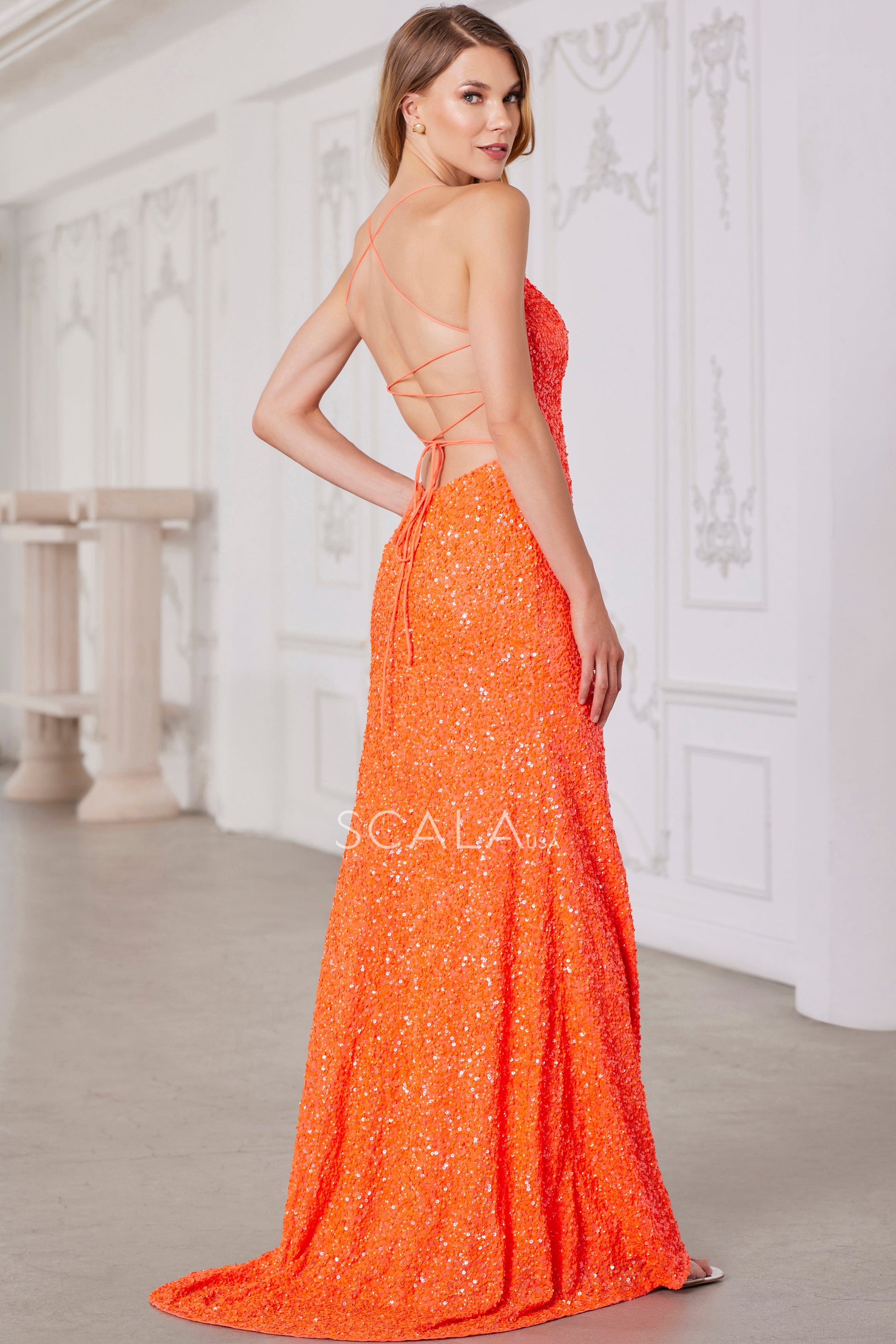 Scala 80158 Fitted Prom Long Formal Slit Sequined Prom Dress