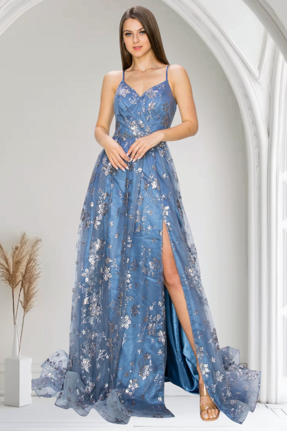 Cinderella Couture 8022J Prom Long Glitter Print A Line Formal Dress - Blue / M Cinderella Couture 8022J Prom Long Glitter Print A Line Formal Dress - Blue / M