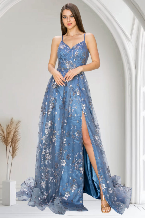 Cinderella Couture 8022J Prom Long Glitter Print A Line Formal Dress