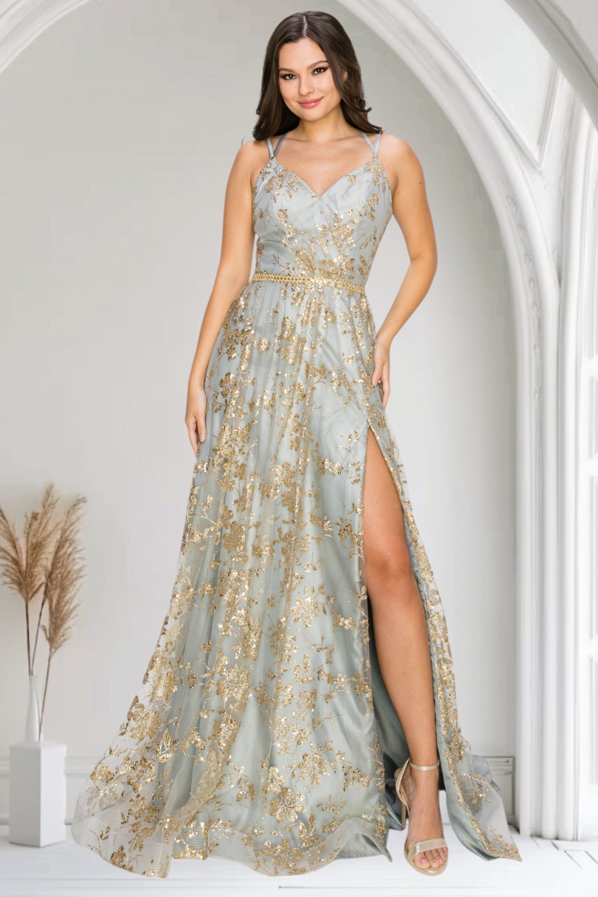 Cinderella Couture 8022J Prom Long Glitter Print A Line Formal Dress - Silver / M