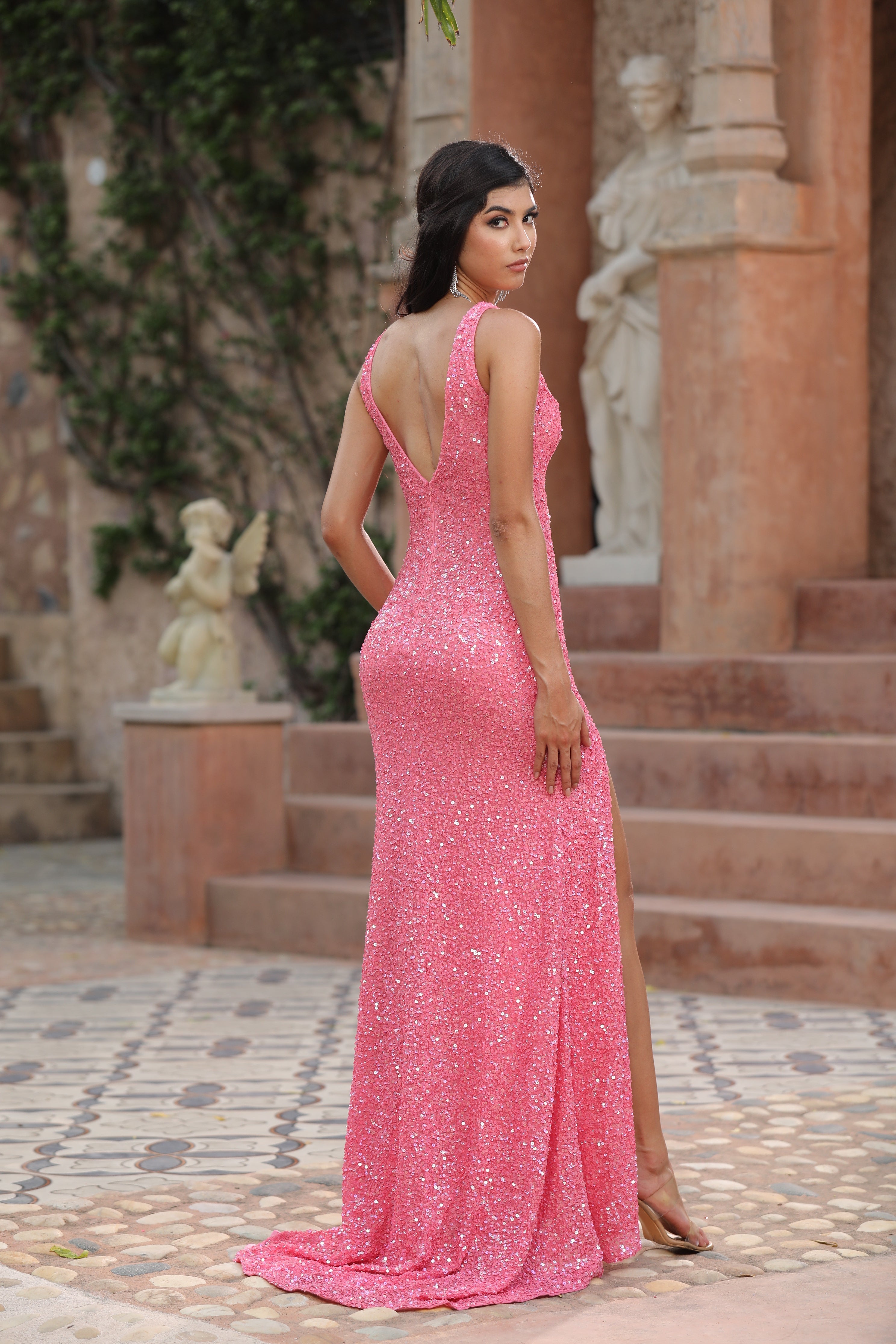 Prom Dresses Formal Long Fitted Slit Sequin Prom Dress STRAWBERRY