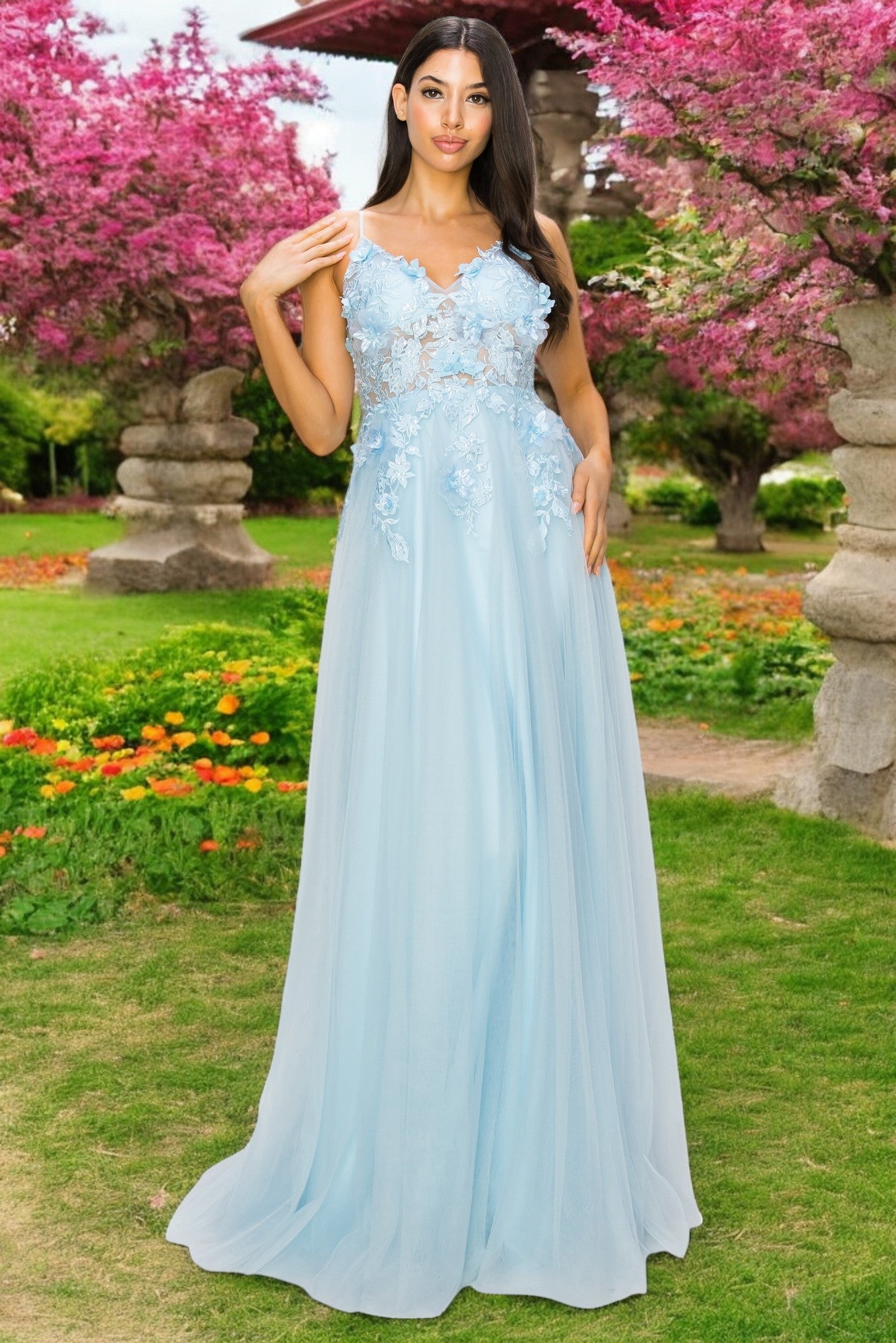 Cinderella Couture 8038J Long Formal 3D Floral Applique A Line Prom Dress - Blue / 2XL Cinderella Couture 8038J Long Formal 3D Floral Applique A Line Prom Dress - Blue / 2XL