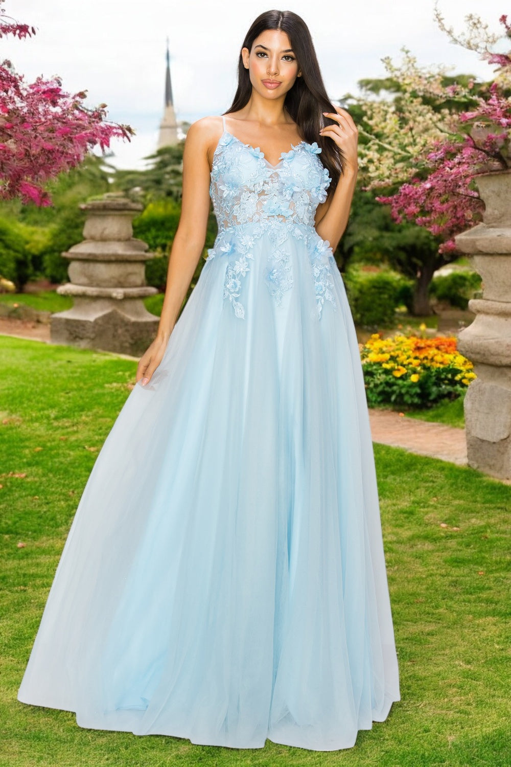 Bliss Multi Color 3D Floral Applique A Line Layered Tulle Gown for Women, Sizes XS-3XL, Blue / Juniors 2XL
