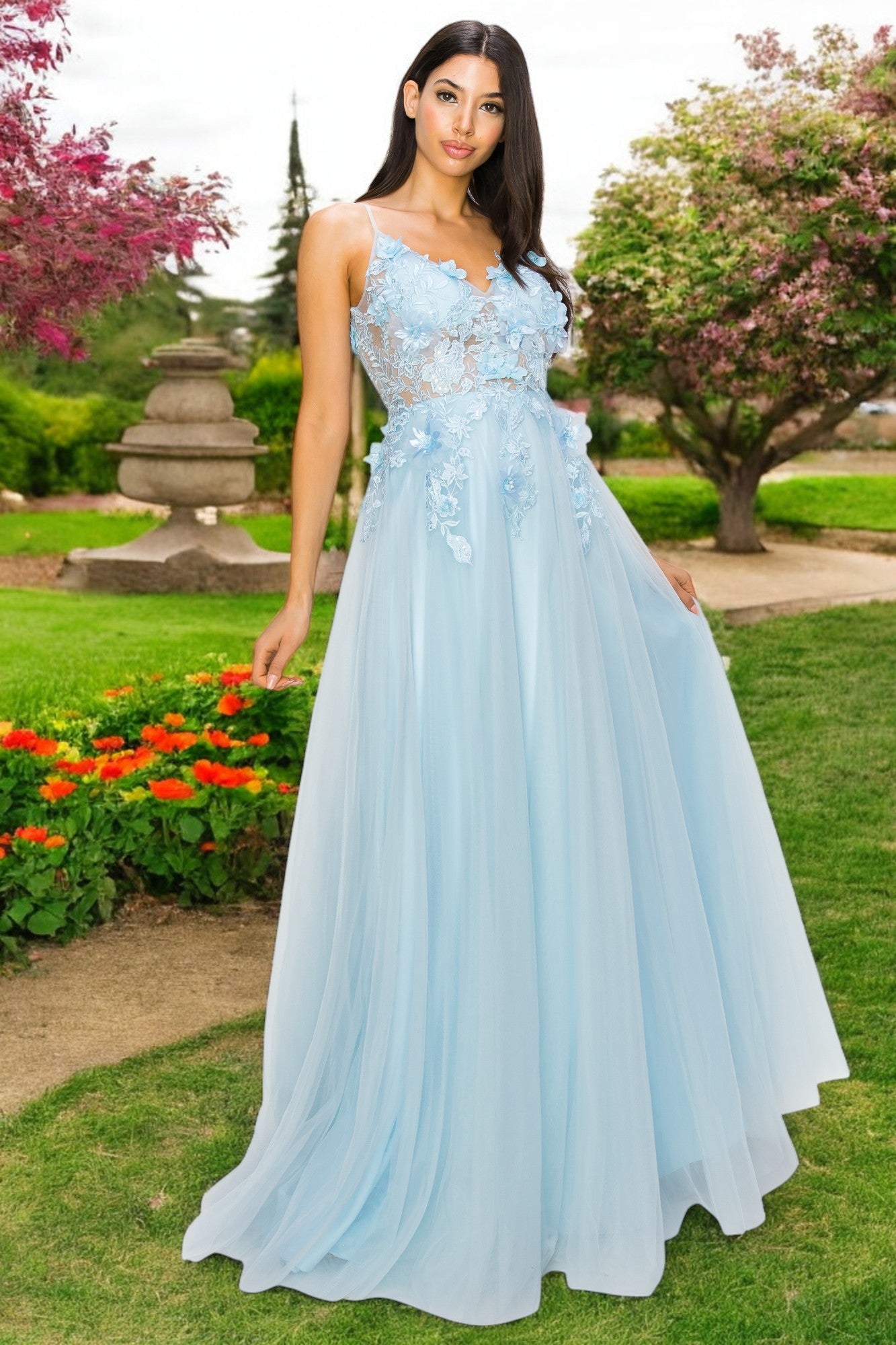 Cinderella Couture 8038J Long Formal 3D Floral Applique A Line Prom Dress