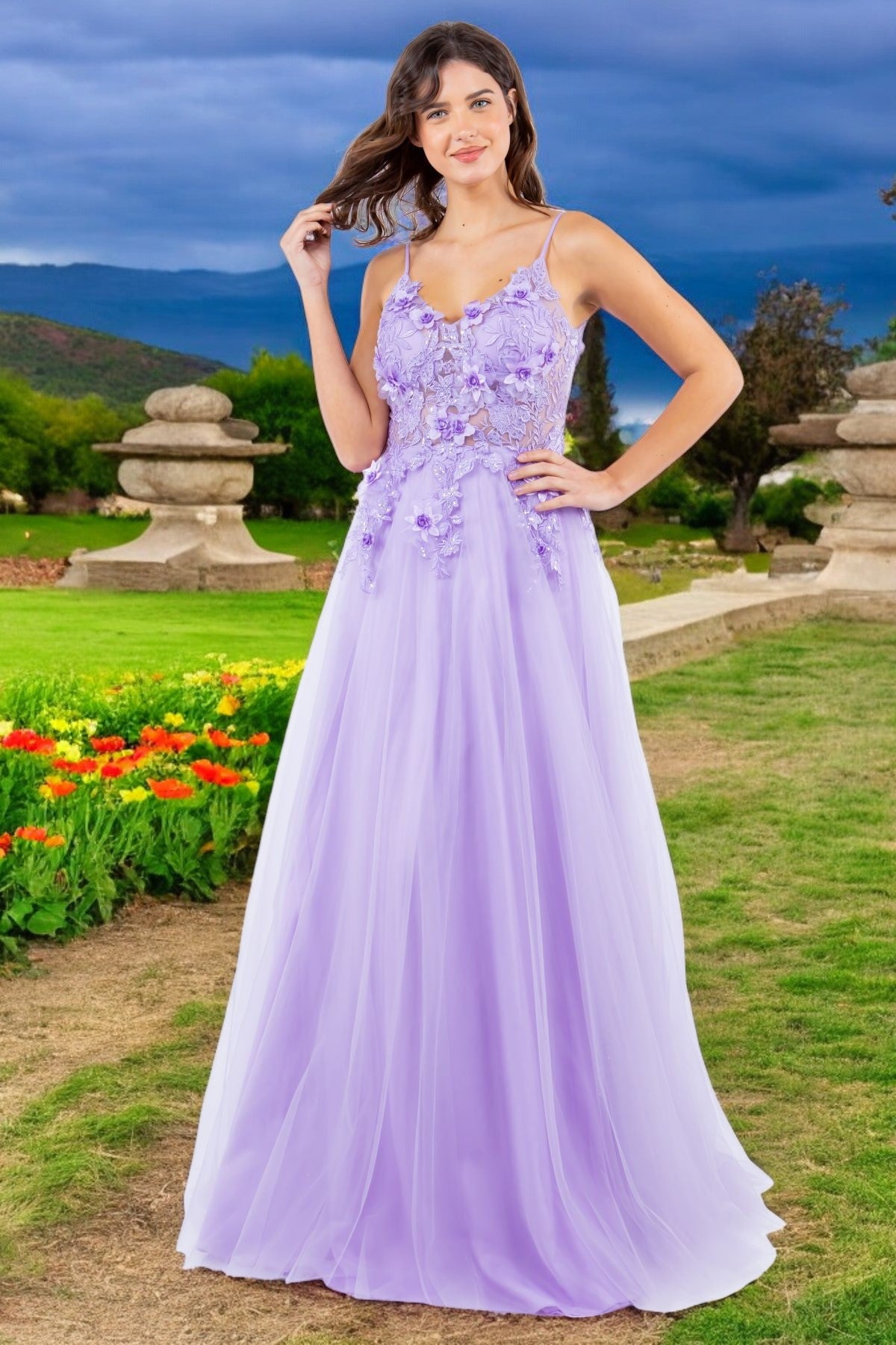 Cinderella Couture 8038J Long Formal 3D Floral Applique A Line Prom Dress