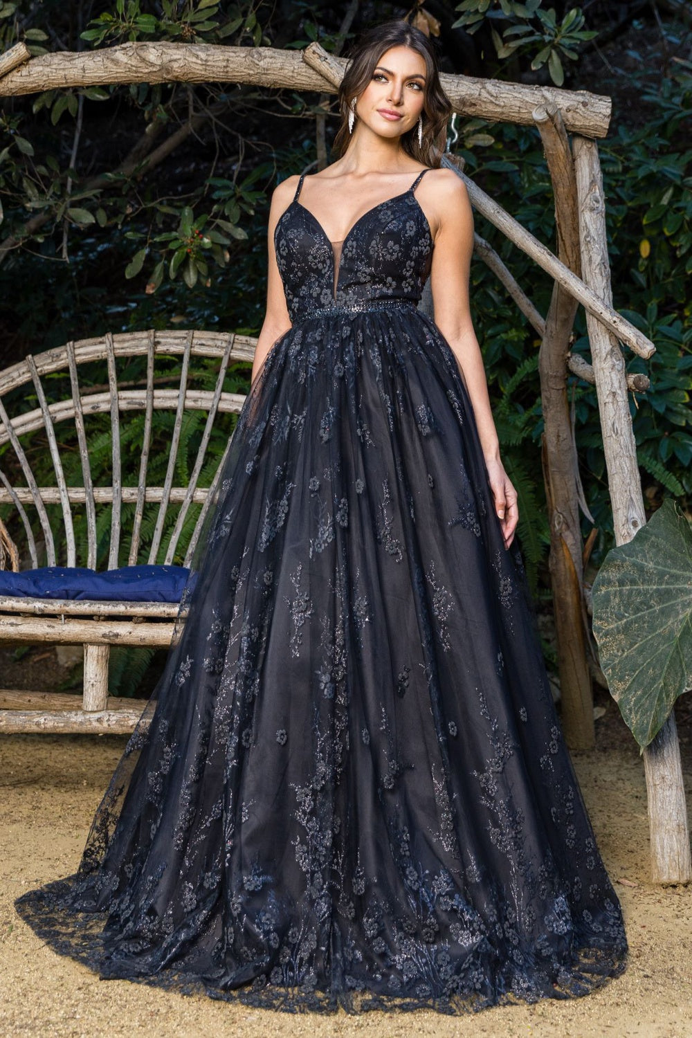 Prom Dresses A Line Long Formal Glitter Floral Prom Dress Cinderella Couture 8039J Black