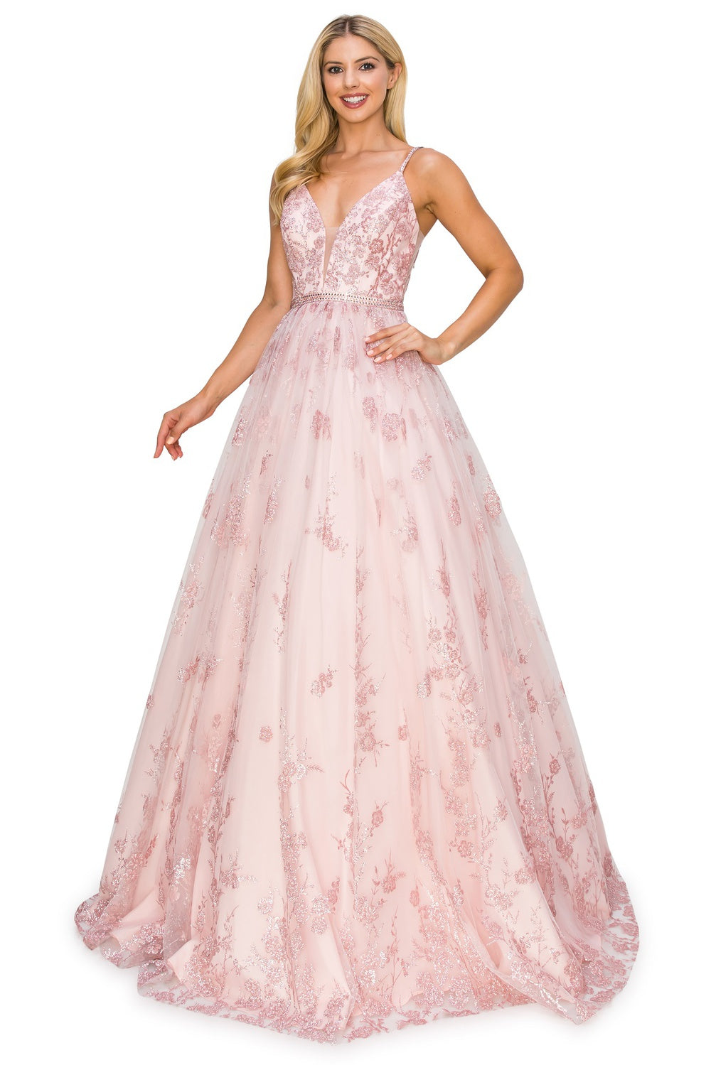 Prom Dresses A Line Long Formal Glitter Floral Prom Dress Cinderella Couture 8039J Blush