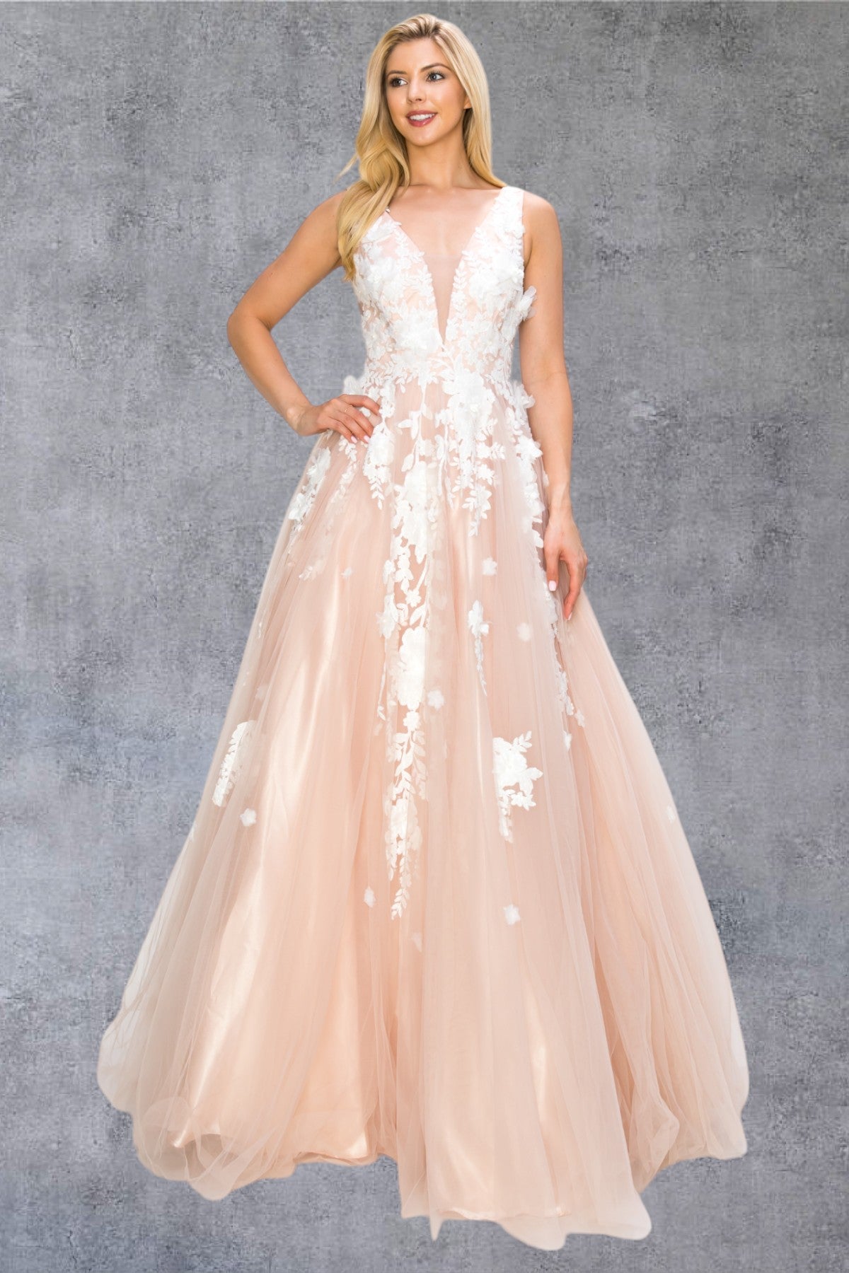 Cinderella Couture 8040J Long Formal A Line Floral Lace Prom Dress