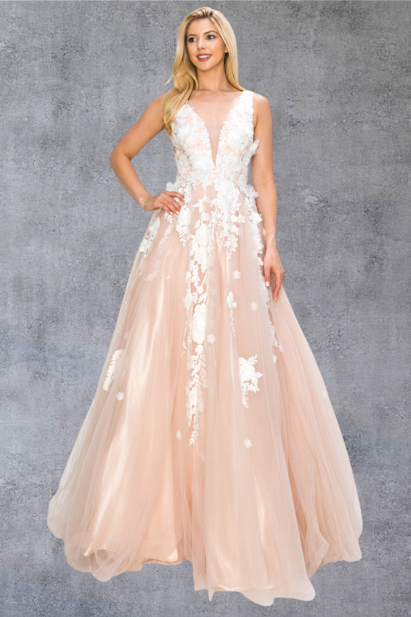 Cinderella Couture 8040J Long Formal A Line Floral Lace Prom Dress