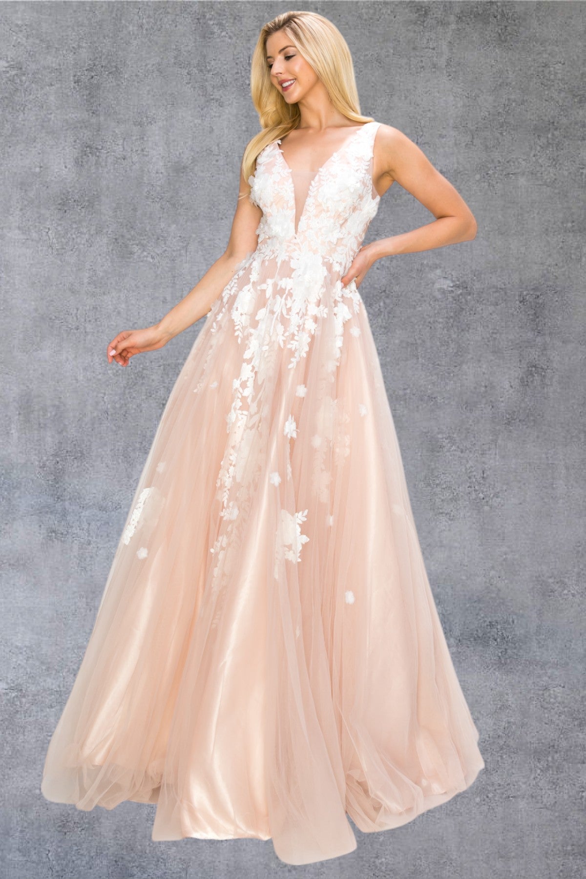 Cinderella Couture 8040J Long Formal A Line Floral Lace Prom Dress
