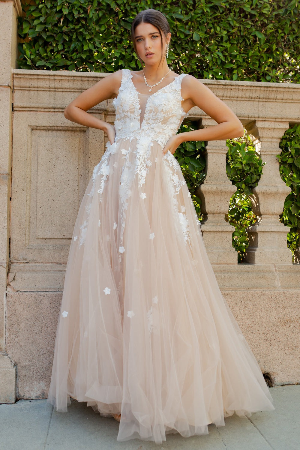 Cinderella Couture 8040J Long Formal A Line Floral Lace Prom Dress