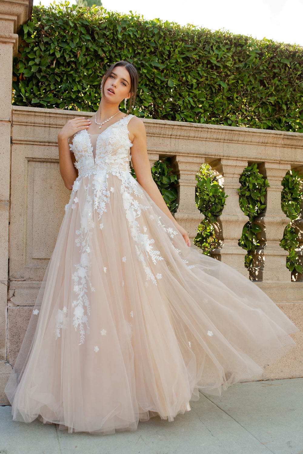 Cinderella Couture 8040J Long Formal A Line Floral Lace Prom Dress