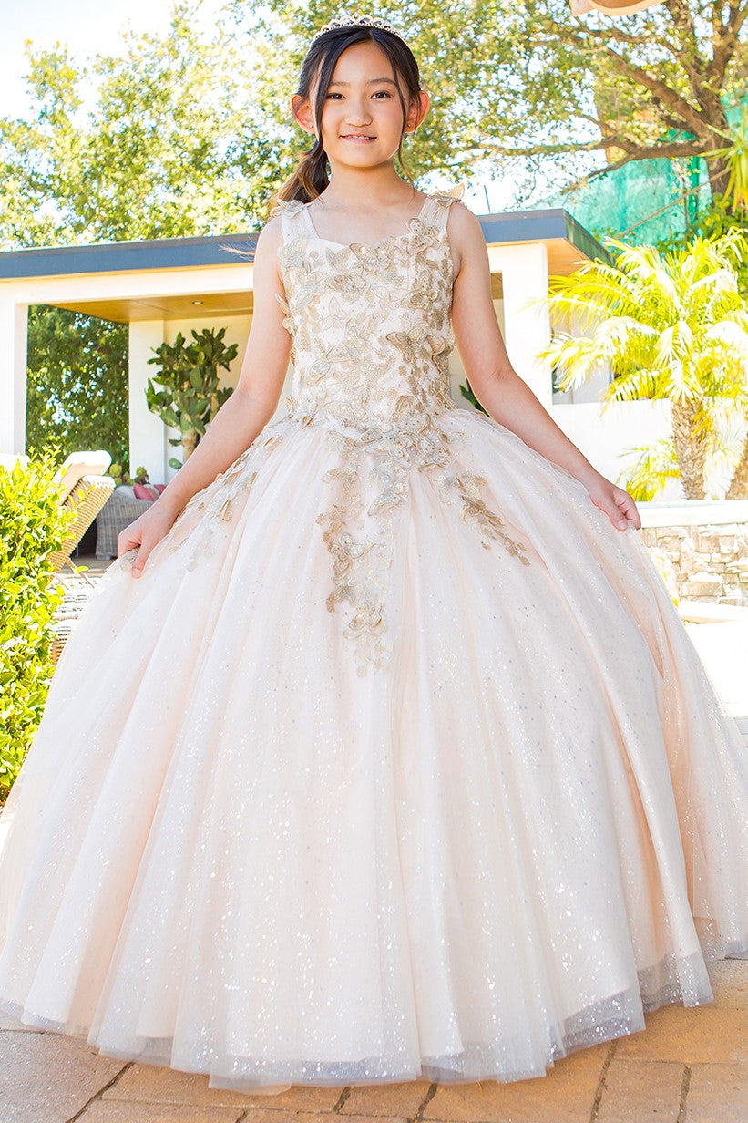Cinderella Couture 8046 Long Beaded Applique Glitter Flower Girl Dress - Hunter Green / 14