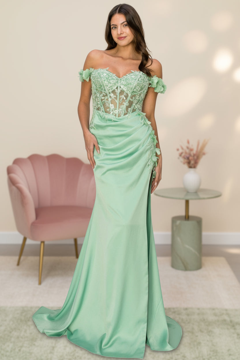 Prom Dresses Long Beaded Formal 3D Floral Applique Prom Dress Sage