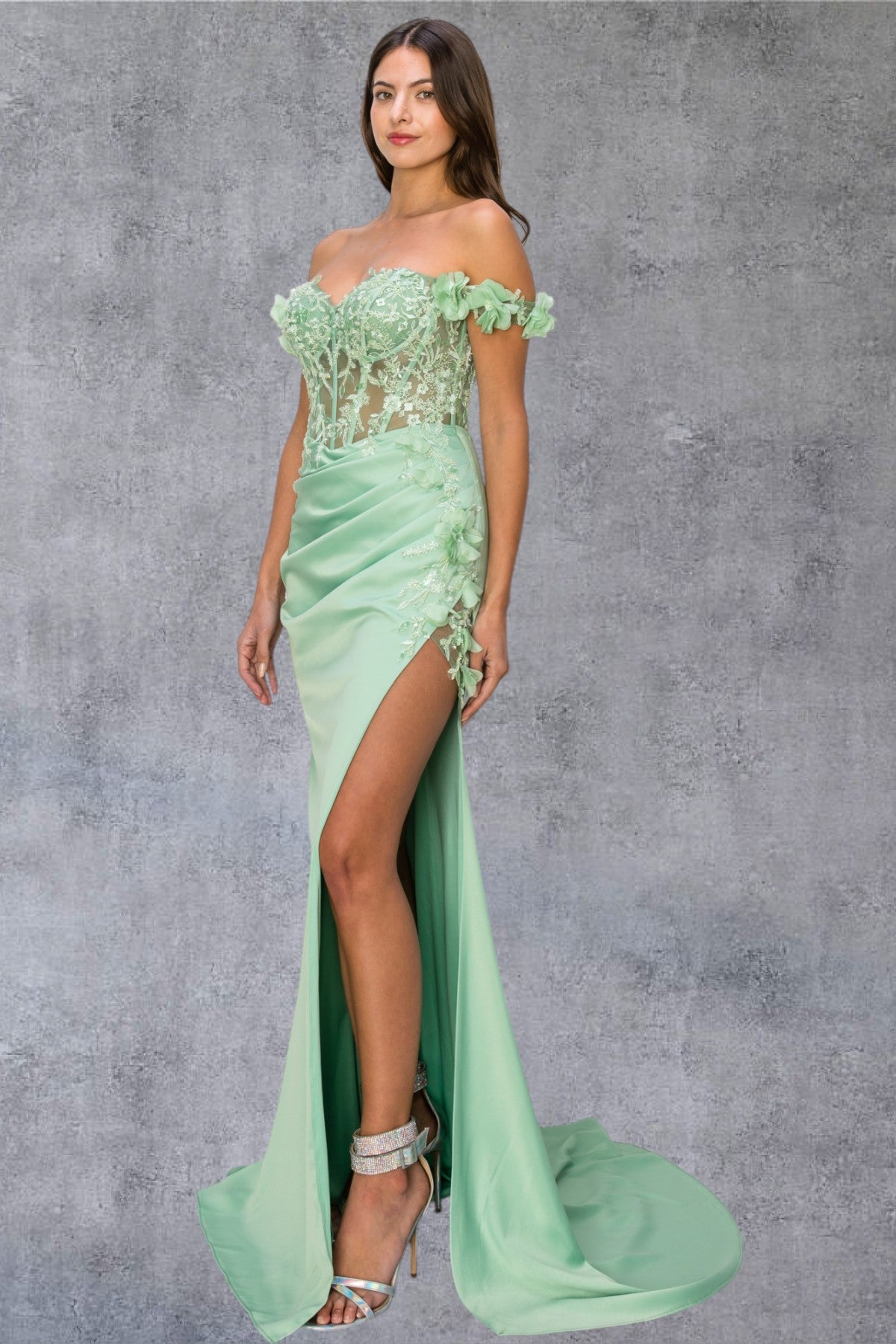 Cinderella Couture 8050J Long Beaded Formal 3D Floral Applique Prom Dress