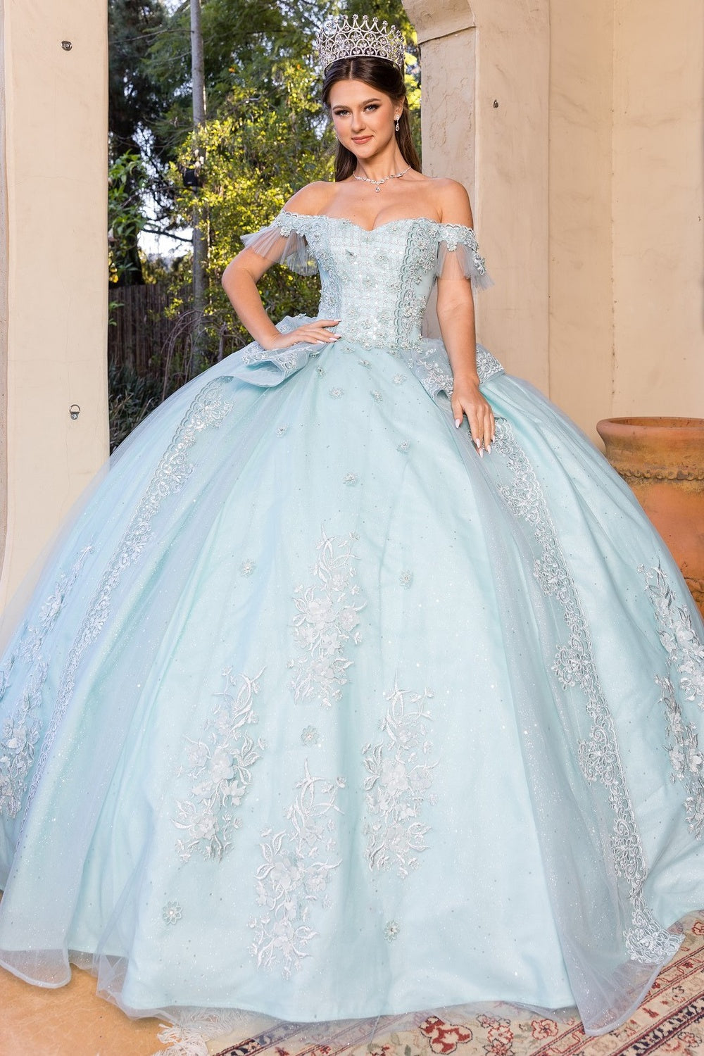 Quinceniera Dresses Lace Glitter Beaded Quinceanera Dress Cinderella Couture 8055J Blue