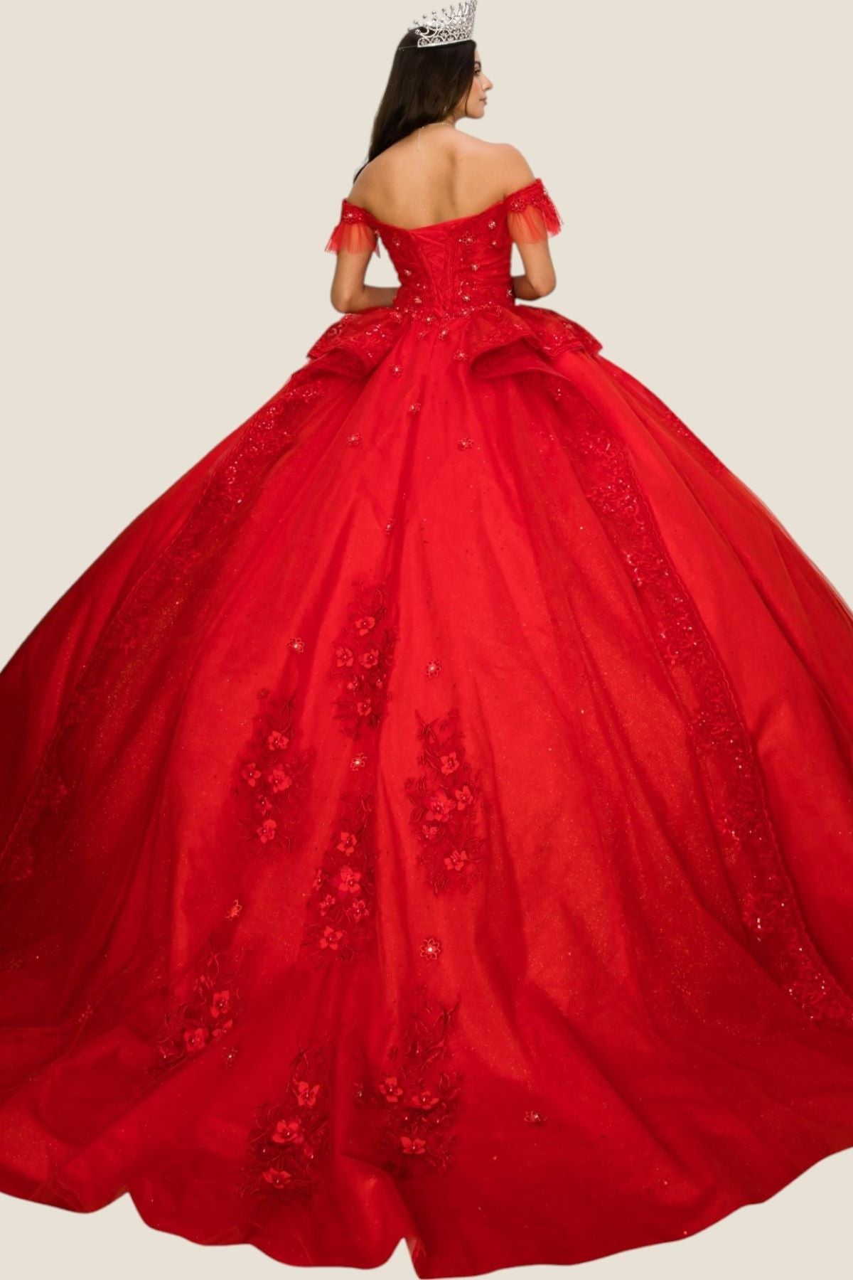 Quinceniera Dresses Lace Glitter Beaded Quinceanera Dress Cinderella Couture 8055J Red