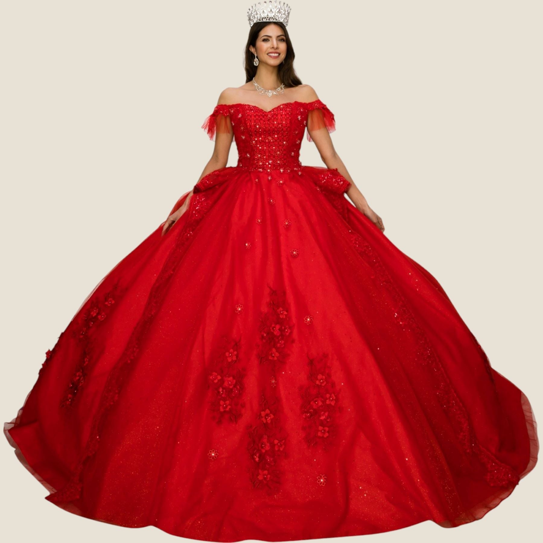 Quinceniera Dresses Lace Glitter Beaded Quinceanera Dress Cinderella Couture 8055J Red