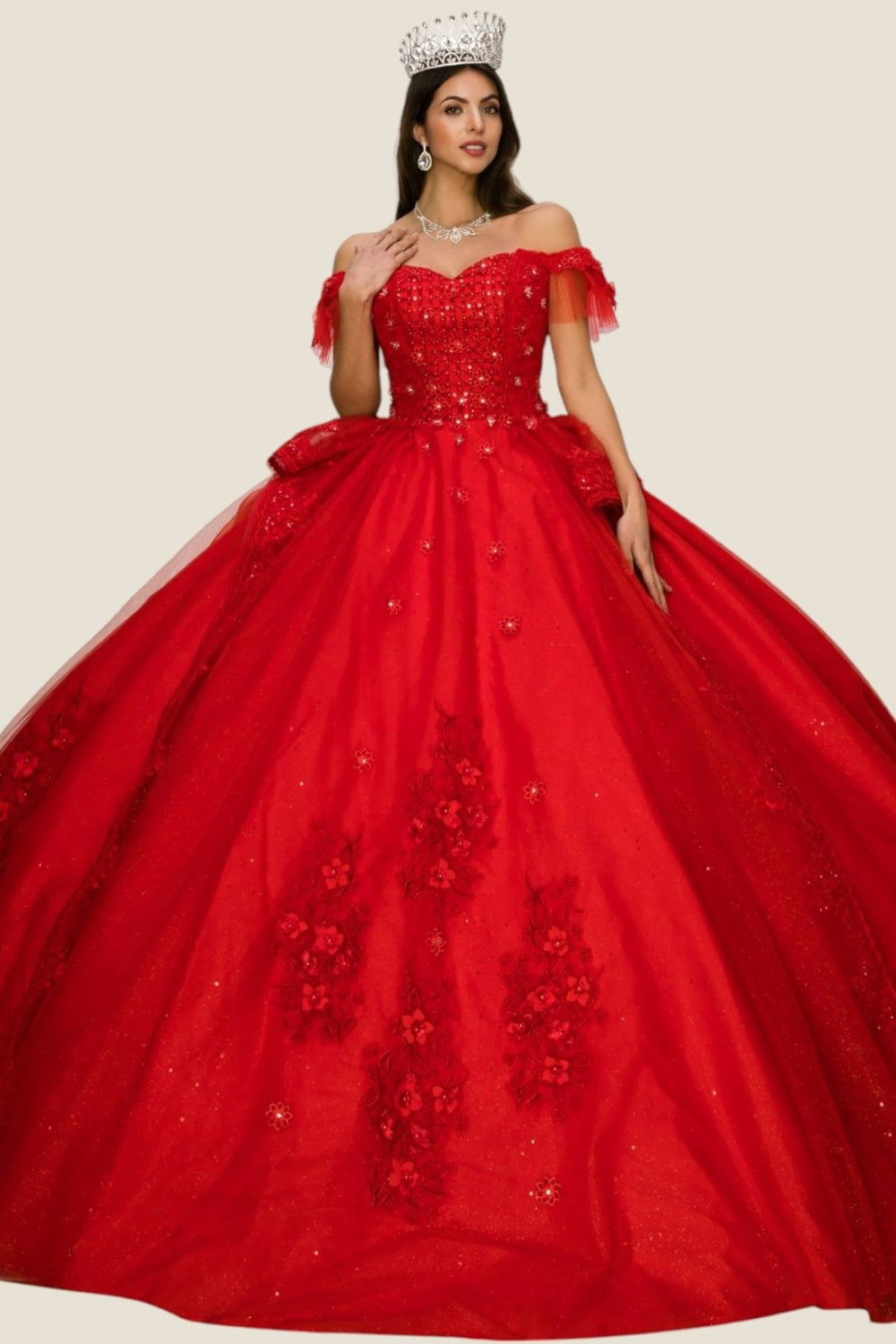 Quinceniera Dresses Lace Glitter Beaded Quinceanera Dress Cinderella Couture 8055J Red