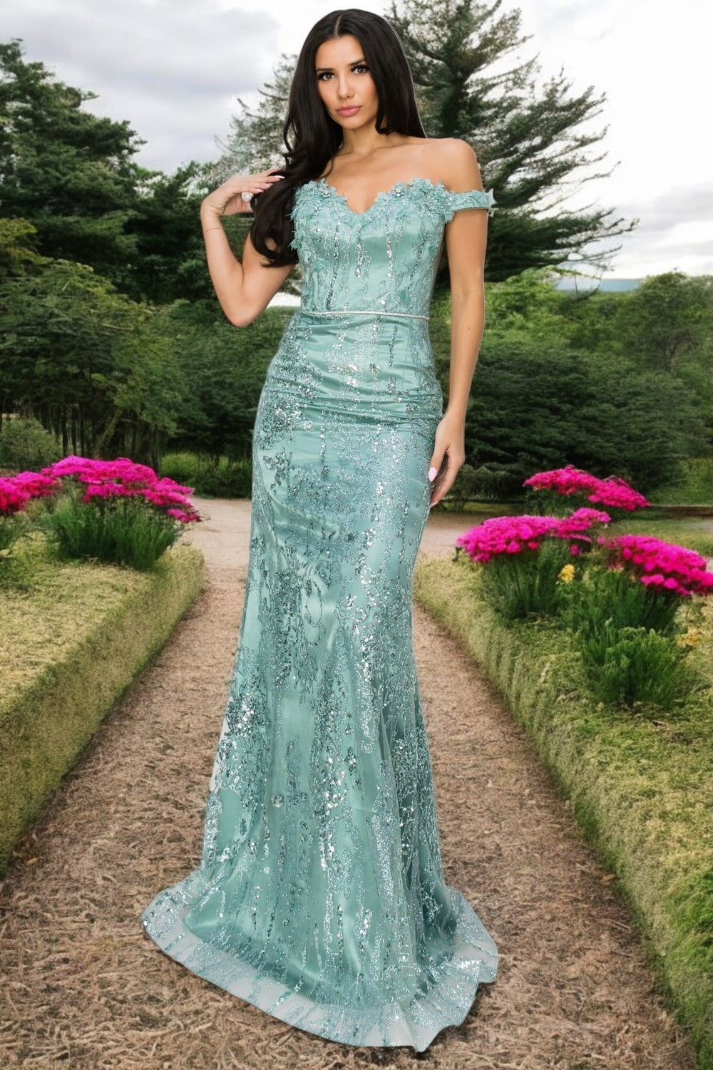 Cinderella Couture 8058J Beaded Applique Long Formal Fitted Prom Dress