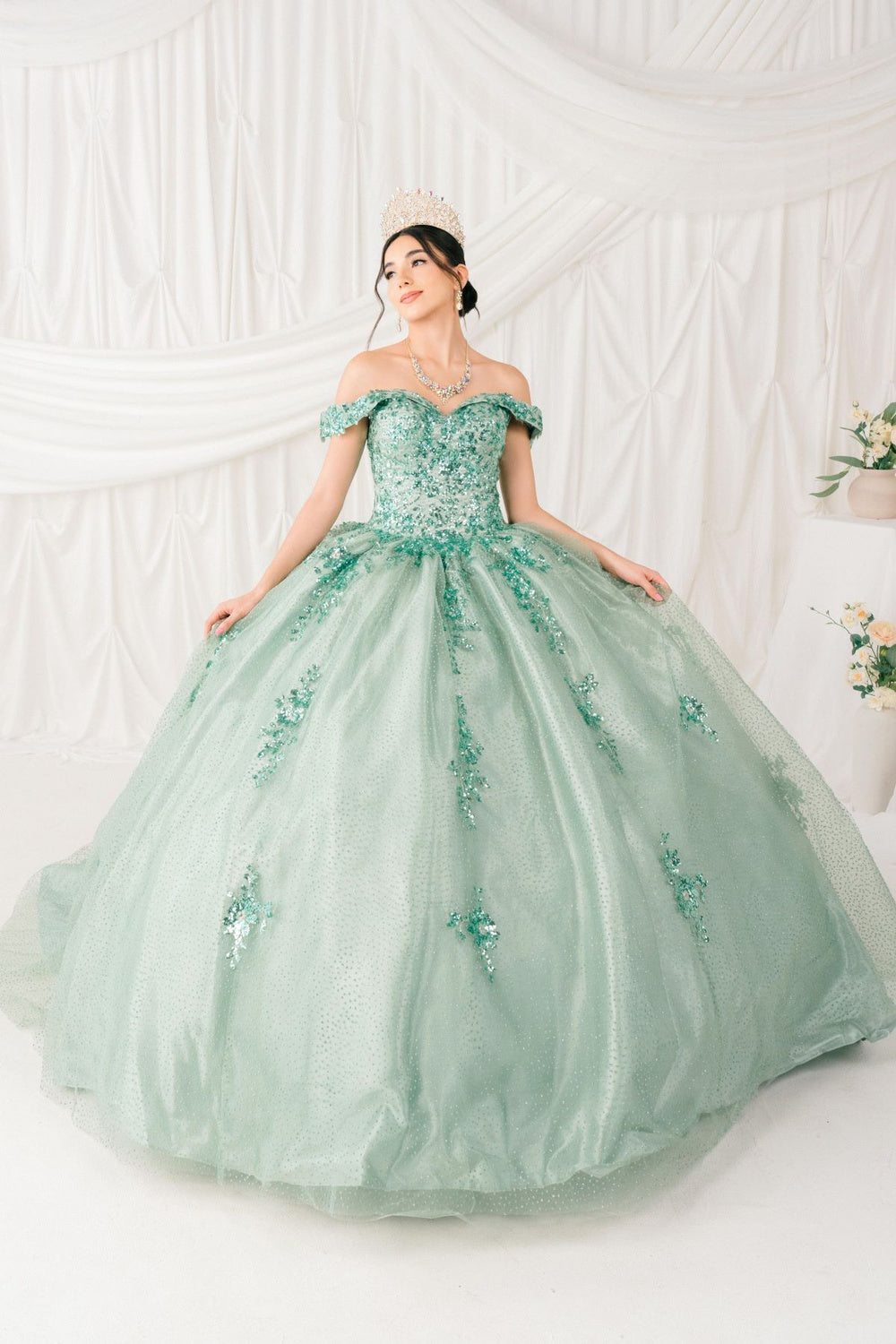 Quinceniera Dresses Sequin Floral Applique Ball Gown Quinceanera Dress Cinderella Couture 8060J Sage
