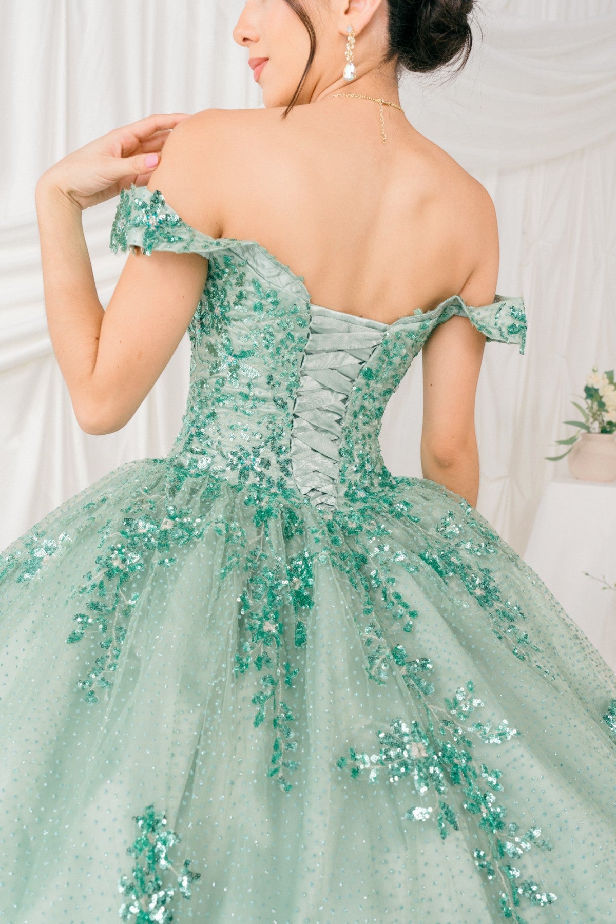 Quinceniera Dresses Sequin Floral Applique Ball Gown Quinceanera Dress Cinderella Couture 8060J Sage