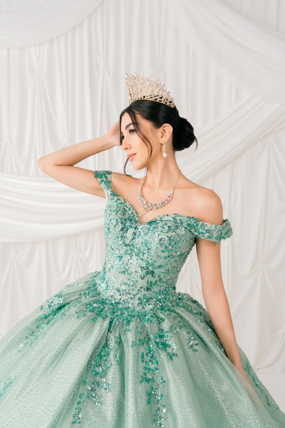 Quinceniera Dresses Sequin Floral Applique Ball Gown Quinceanera Dress Cinderella Couture 8060J Sage