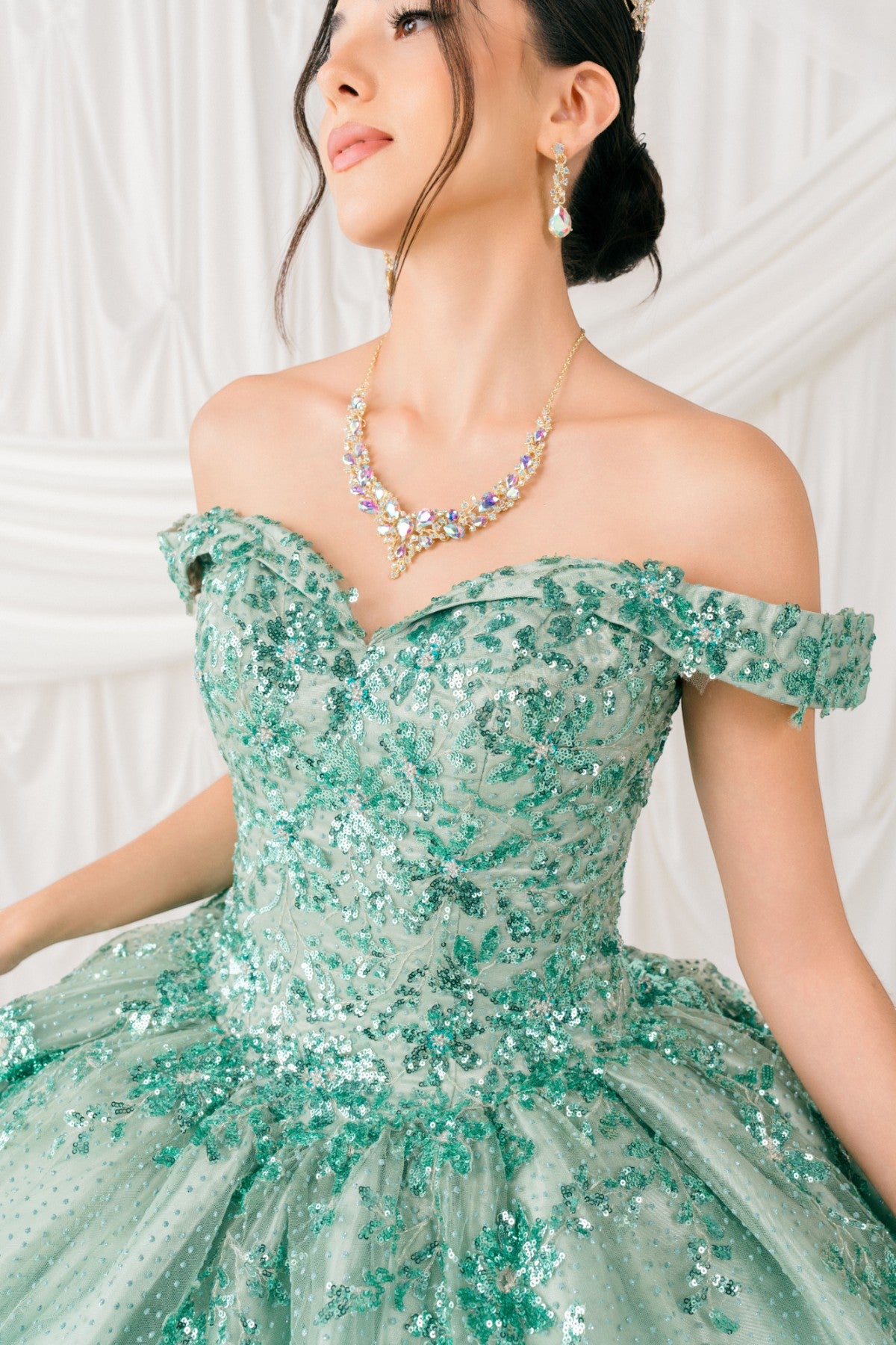 Quinceniera Dresses Sequin Floral Applique Ball Gown Quinceanera Dress Cinderella Couture 8060J Sage