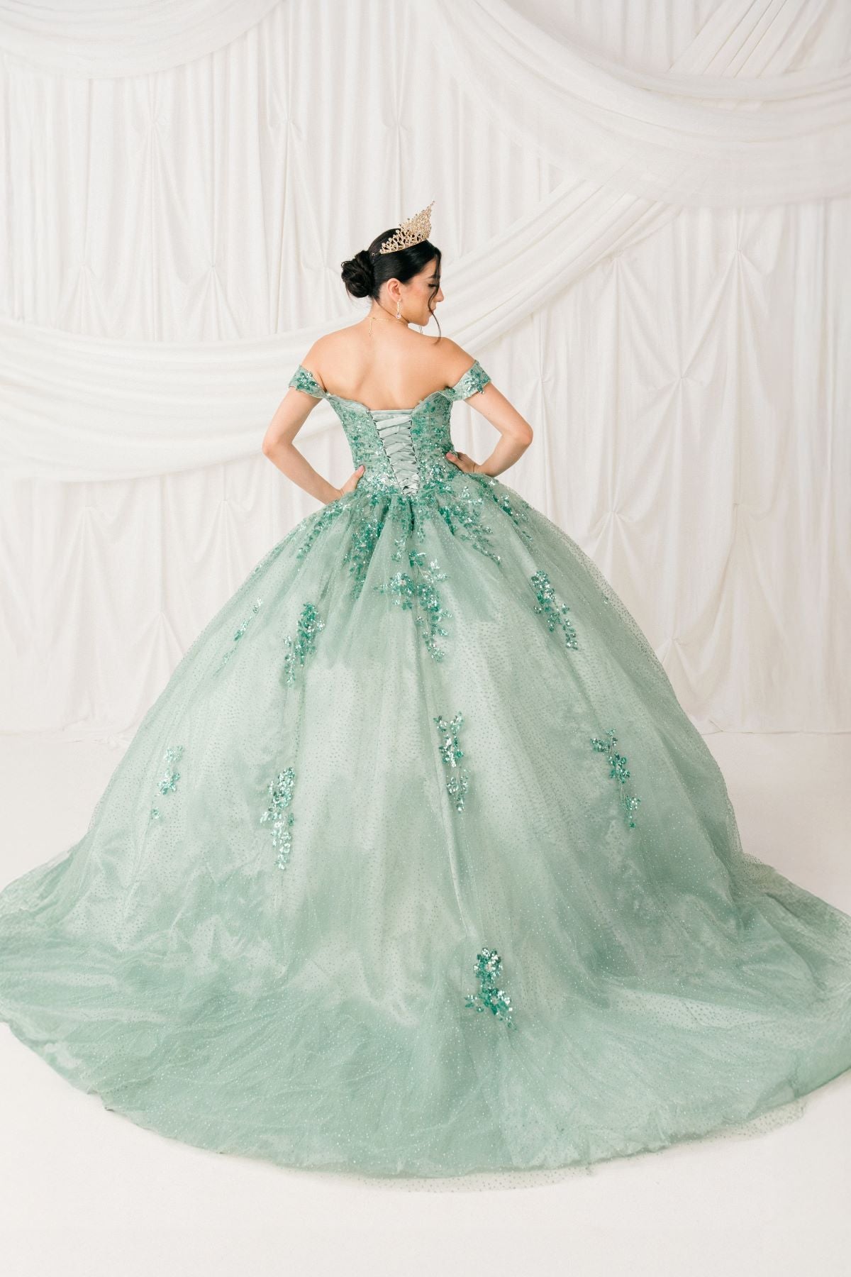 Quinceniera Dresses Sequin Floral Applique Ball Gown Quinceanera Dress Cinderella Couture 8060J Sage