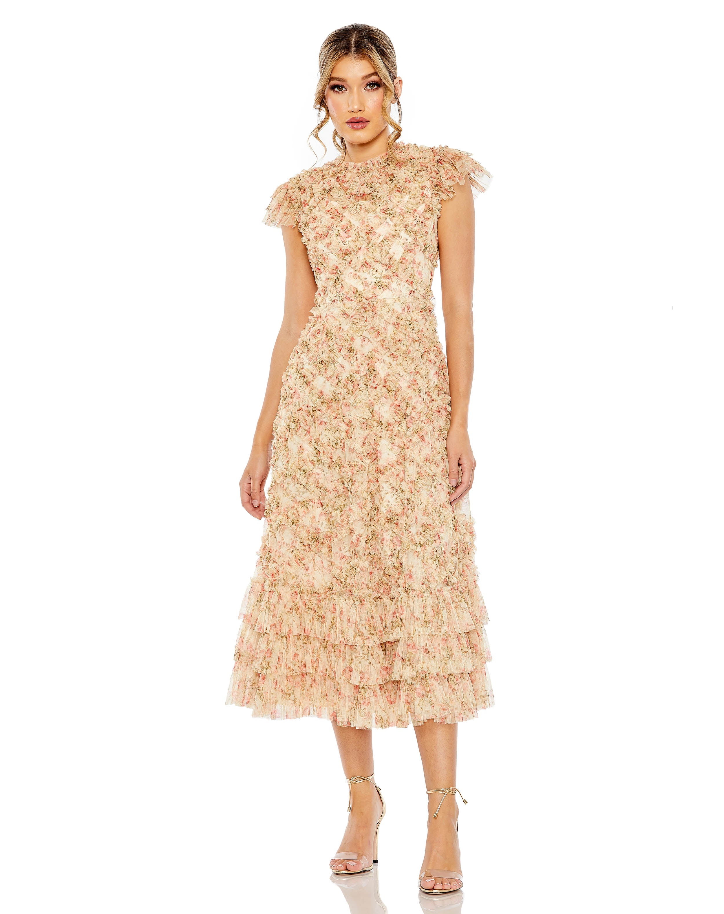 Ruffle Tiered Short Sleeve A Line Dress - Mac Duggal Beige Multi / US 4 Ruffle Tiered Short Sleeve A Line Dress - Mac Duggal Beige Multi / US 4