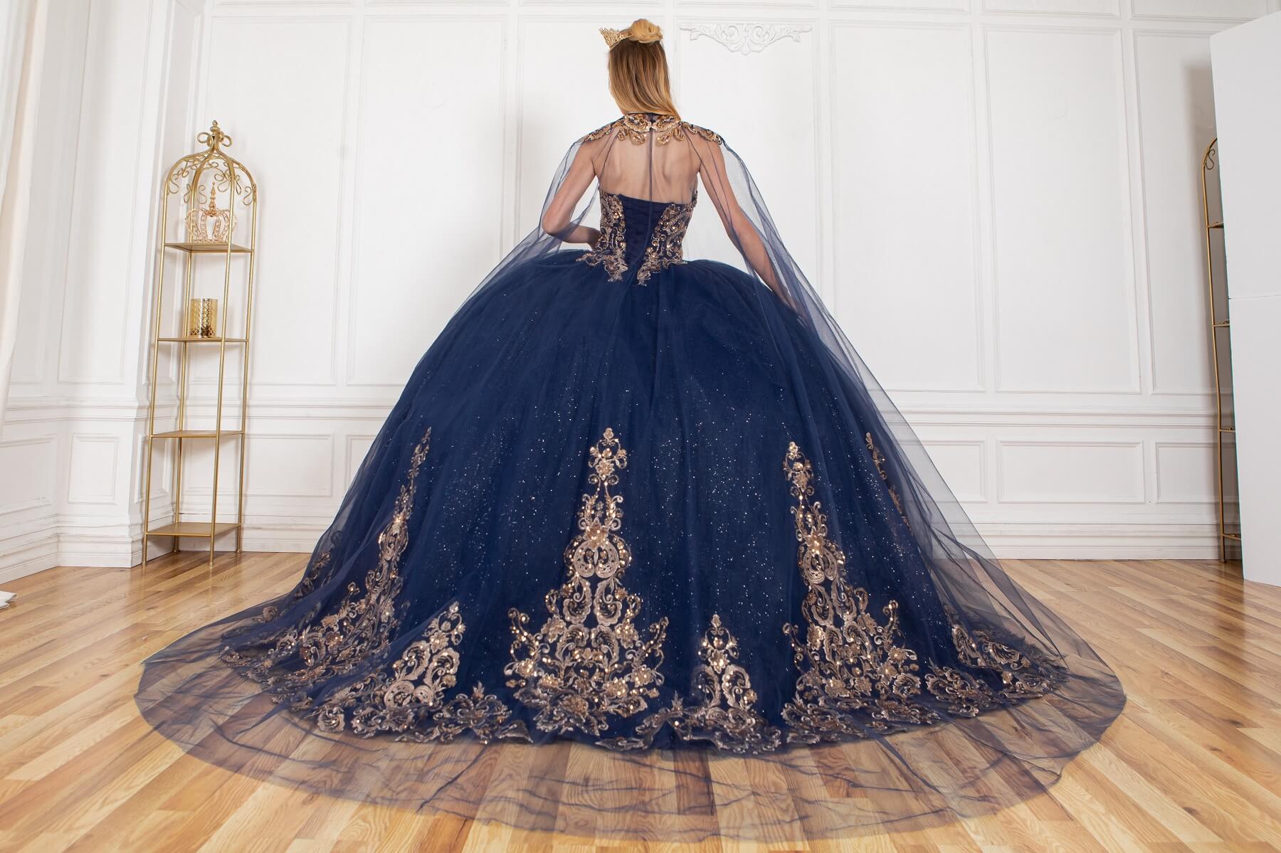 Navy Sweetheart Floor Length Embossed Tulle Quinceanera Ball Gown with Detachable Train Sleeves Cinderella Couture 8063J